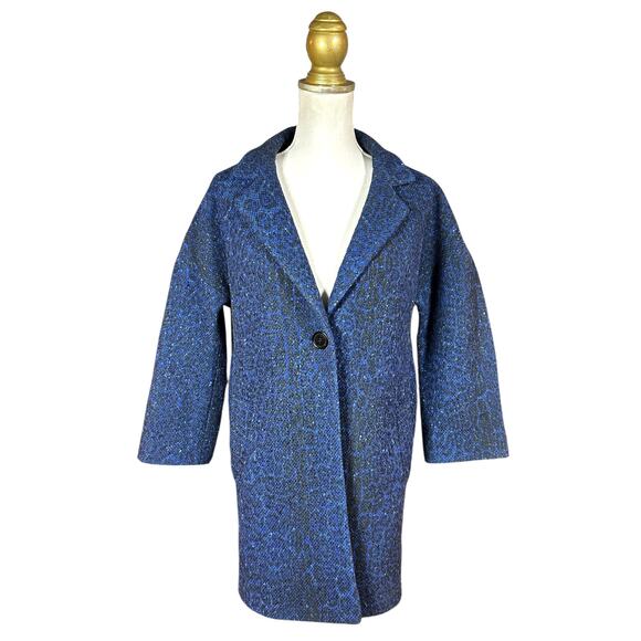 Helene Berman London Wool Blend One-Button Tweed Leopard Print Coat - Blue - S - Picture 1 of 6